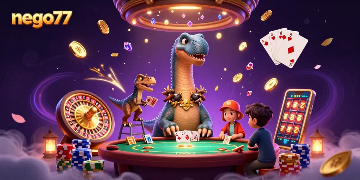 Experience the excitement of nego77 with a vibrant ultra-detailed casino scene featuring animated characters and games.