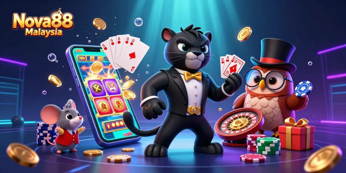 Nova88 Malaysia features stylish characters in a gaming scene with poker chips and dynamic elements.