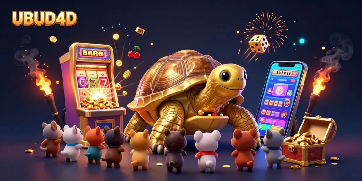 Engage in the exciting UBUD4D gaming experience, showcasing golden animals and jackpot winnings.