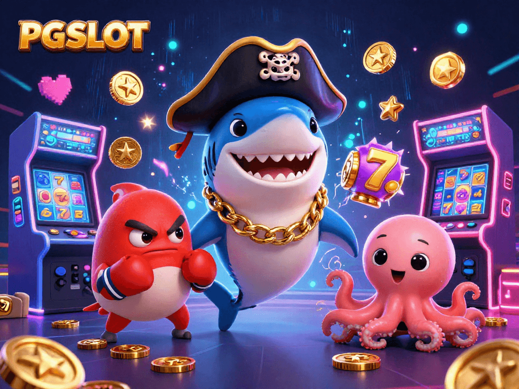 Engage with PG SLOT using vibrant visuals of cartoon characters amidst dynamic slot elements.