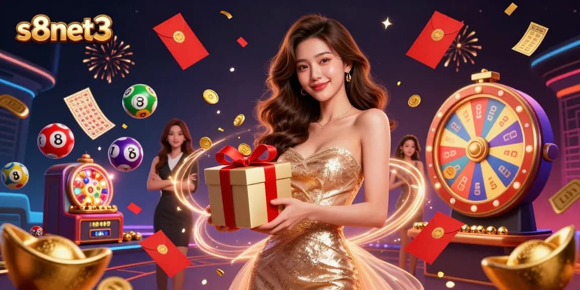 Win big with the festive s8net3 3D illustration, showcasing a glamorous casino atmosphere and vibrant games.