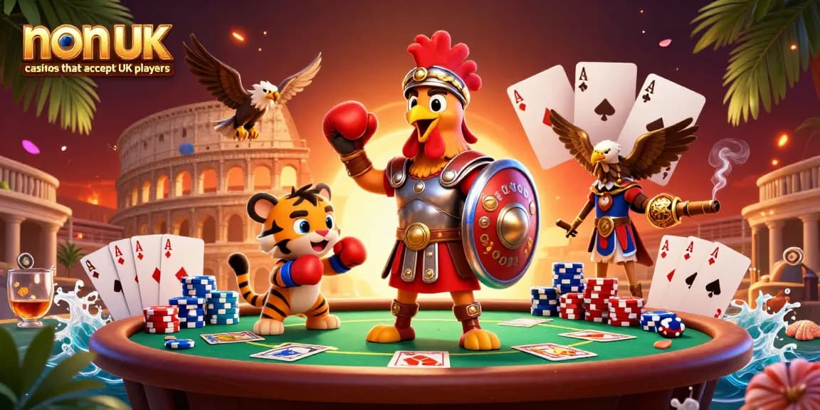 Engage in thrilling action at non UK casinos that accept UK players, showcasing vibrant poker tables and dynamic characters.