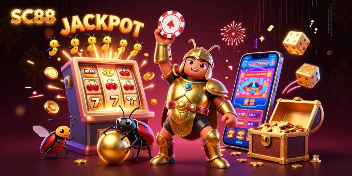 Experience the excitement of SC88 with a victorious beetle and jackpot celebration in a vibrant casino setting.
