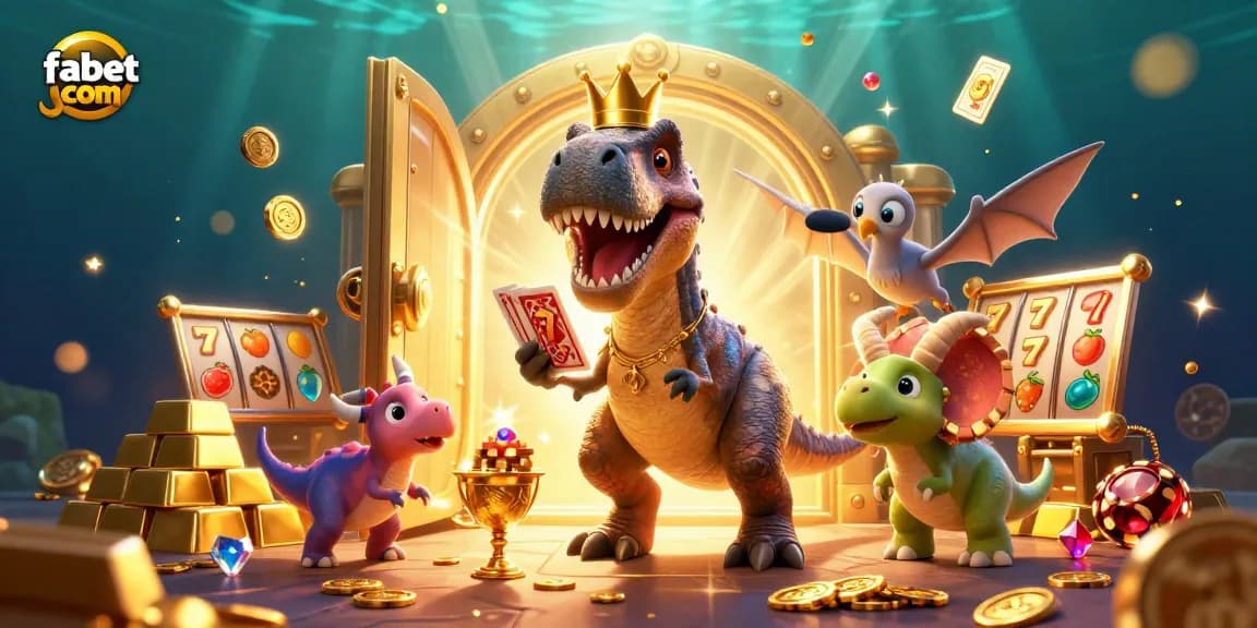 Experience fun gaming with fabet com, a friendly T-Rex dealing cards amid gold and gems.
