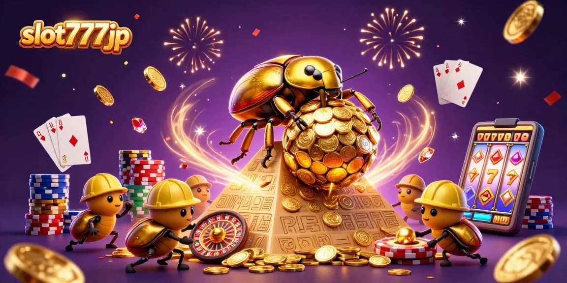 Spin and win with slot777jp in a dynamic casino scene featuring golden coins and lively game elements.