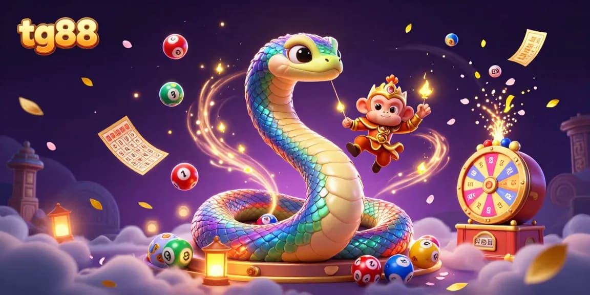 Join the excitement at tg88 with a magical scene of a serpent and a golden monkey king amidst colorful lottery elements.