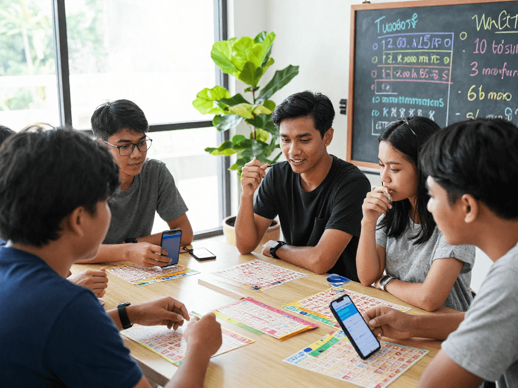 Teman-teman berdiskusi strategi untuk toto 4d dengan tiket lotere berwarna-warni dan aplikasi hasil langsung di ponsel.