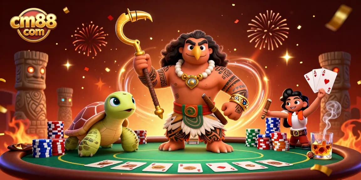 Join the excitement at cm88 com with a 3D illustration of a Polynesian demigod and his turtle sidekick amidst poker and casino elements.