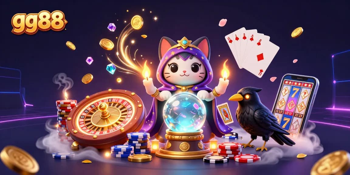 Engage in thrilling gaming at gg88 featuring a mystic cat and sparkling casino elements.