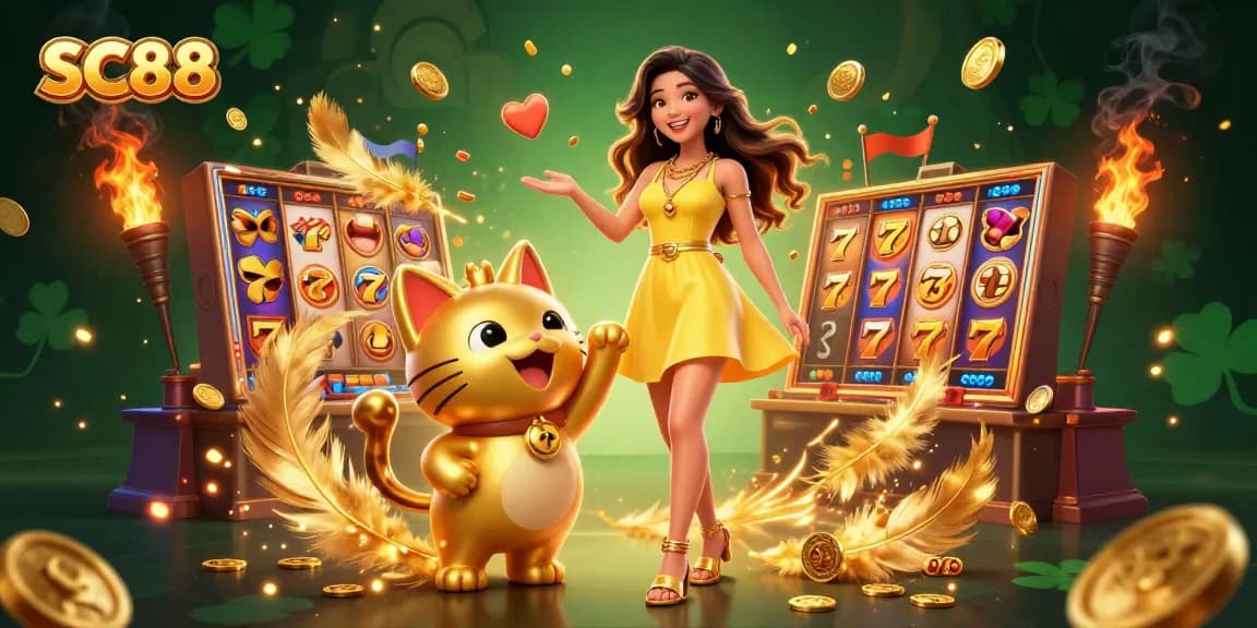 Engage with SC88 in a lively slots scene featuring a joyful Asian woman and a lucky cat mascot amidst a shower of coins.