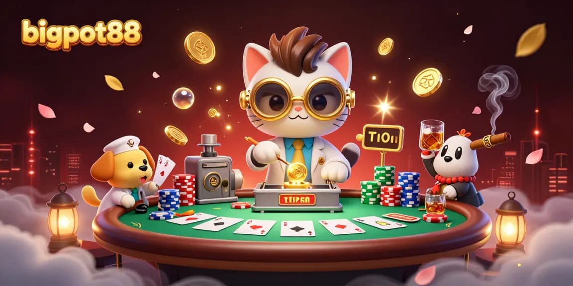 bigpot88 casino scene featuring a mad scientist cat and lab assistant dog bustling with poker elements.