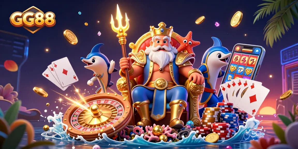 Experience GG88's vibrant casino world with Neptune and treasures in a dynamic 3D scene.