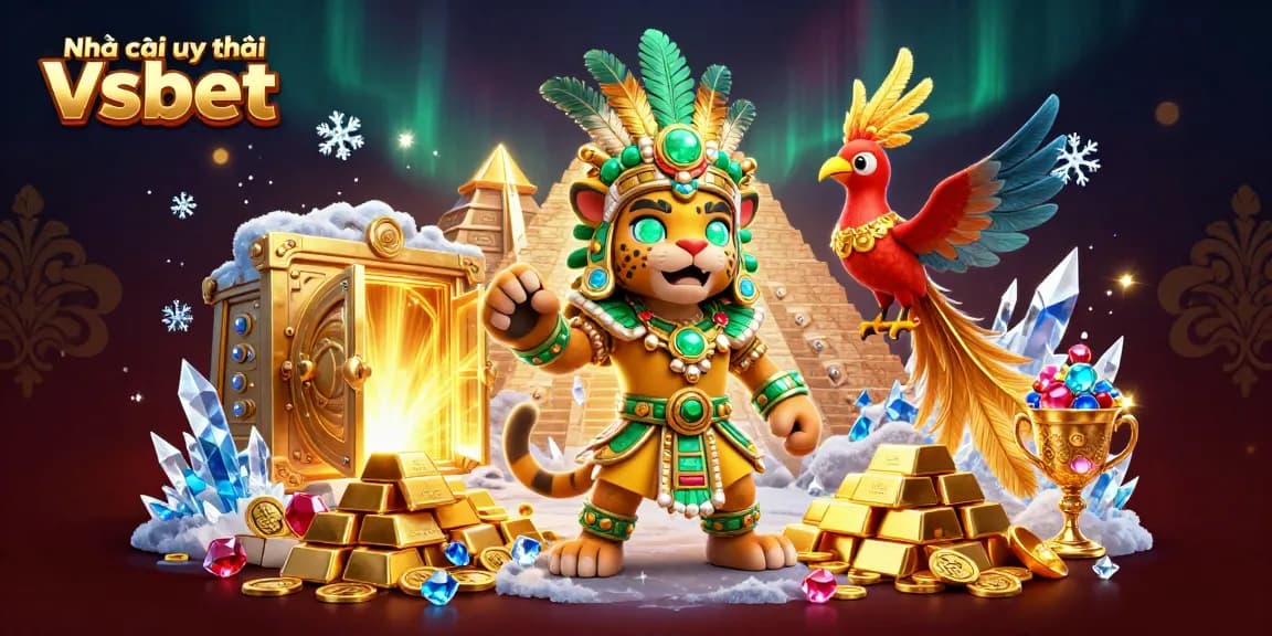 Experience excitement with Nhà cái uy tín Vsbet, showcasing a vibrant casino atmosphere with dynamic characters and treasures.