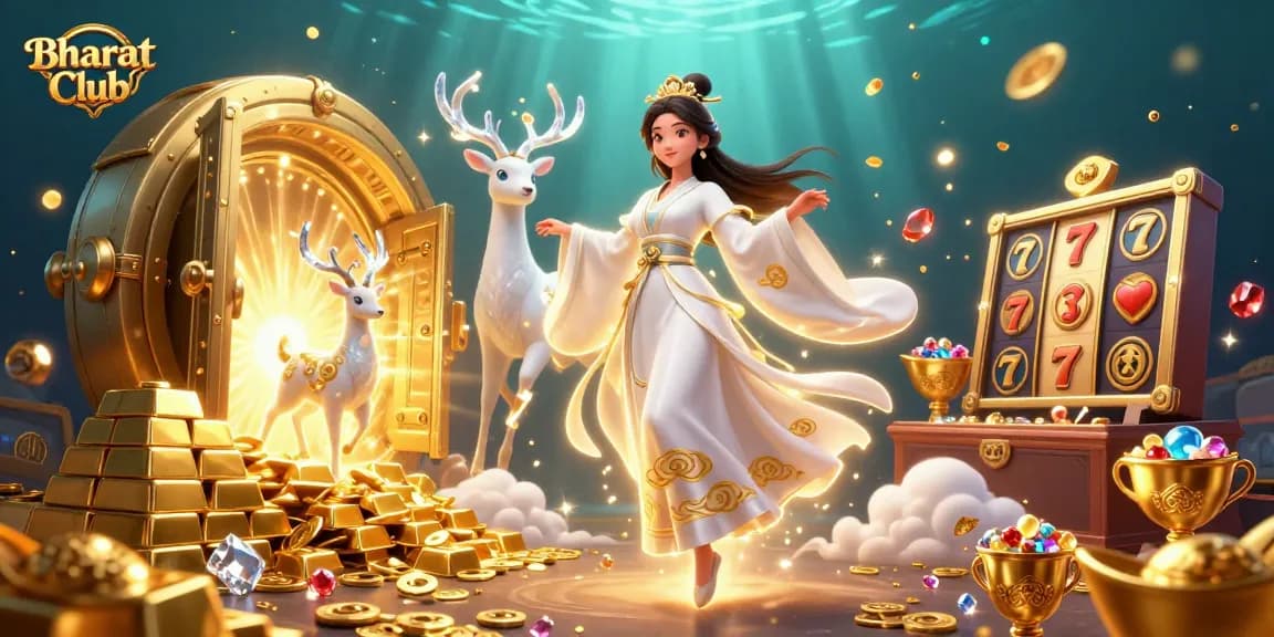 Bharat Club players engage with stunning games, featuring a beautiful woman amidst golden treasures and slot icons.