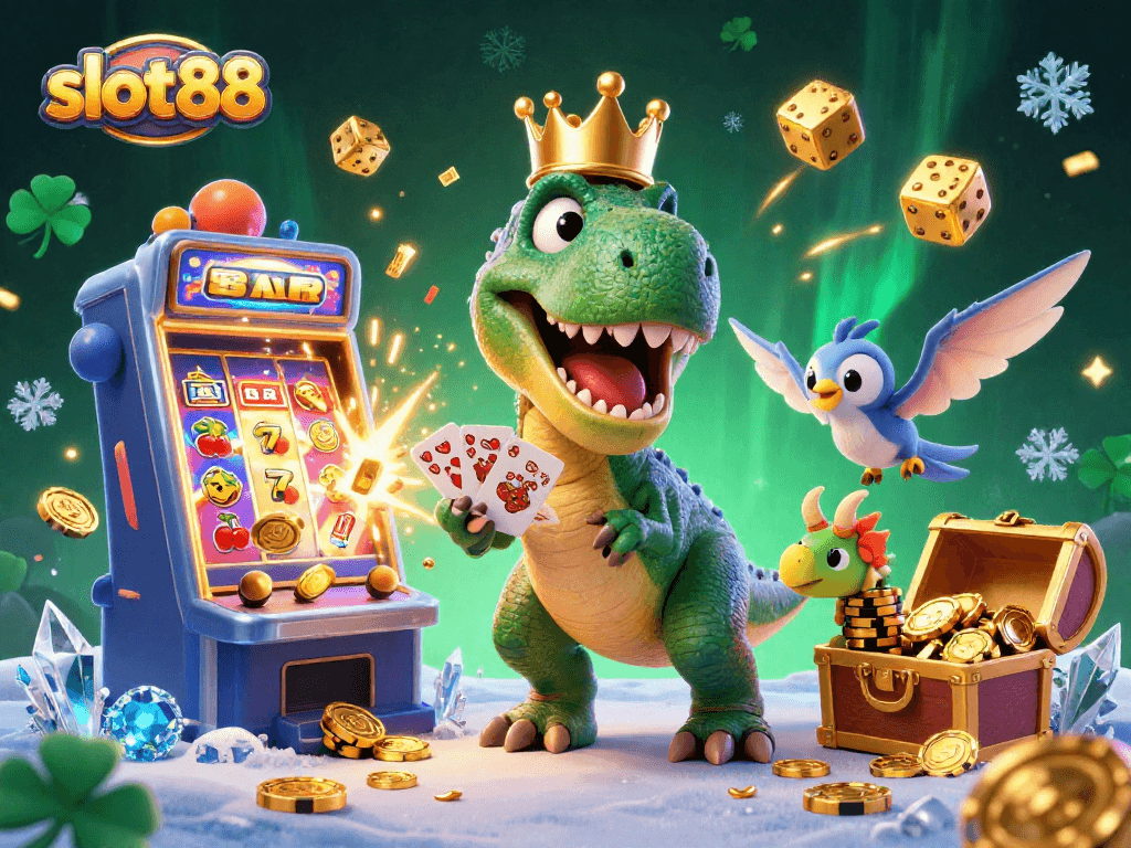 Raise your winnings with slot88's exciting games and cartoon characters in a vibrant casino illustration.