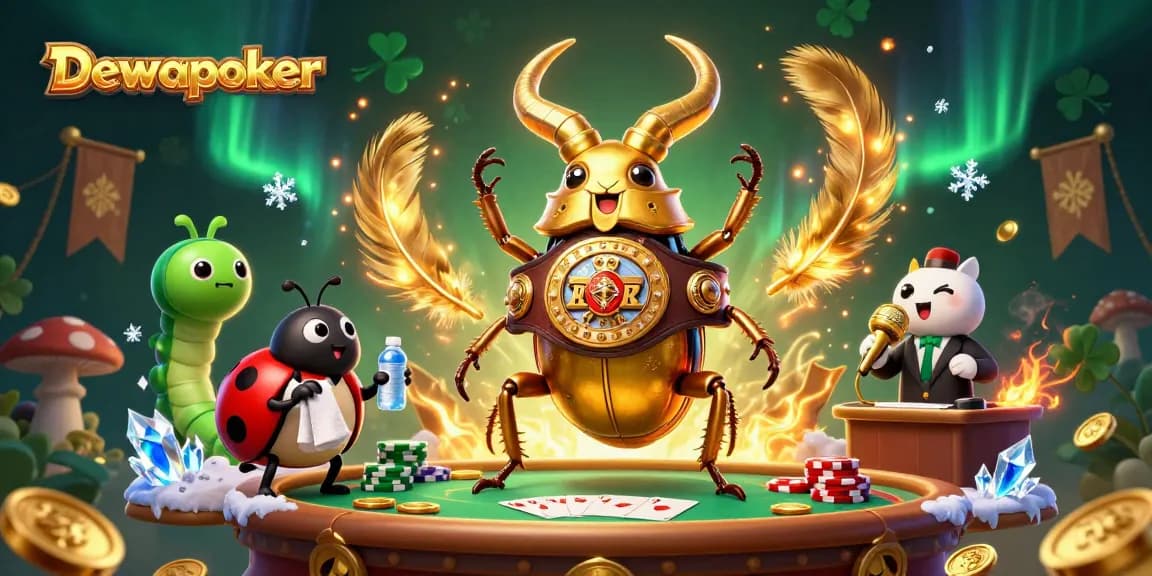 Dewapoker engages players at a lively poker table amidst vibrant casino elements.