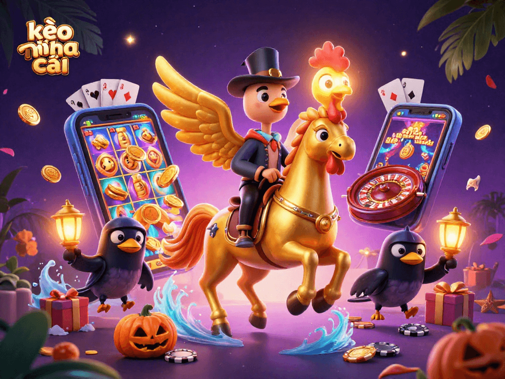 Engage in kèo nhà cái with a vibrant 3D casino scene showcasing a golden rooster and interactive gaming elements.