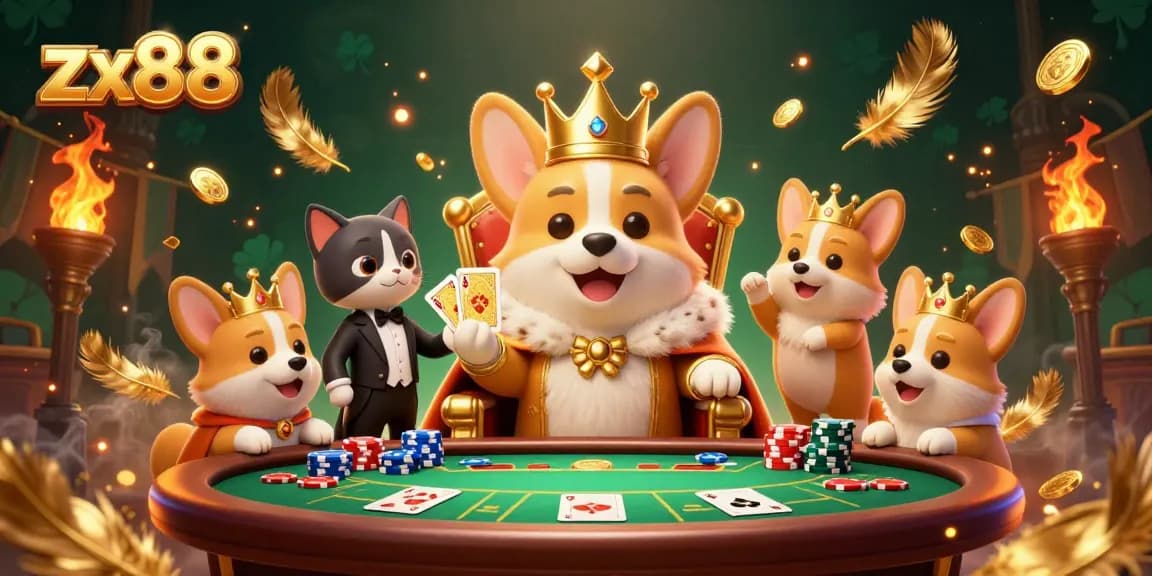 Experience thrills with zx88 at a dynamic poker scene featuring royal corgis and exciting game elements.