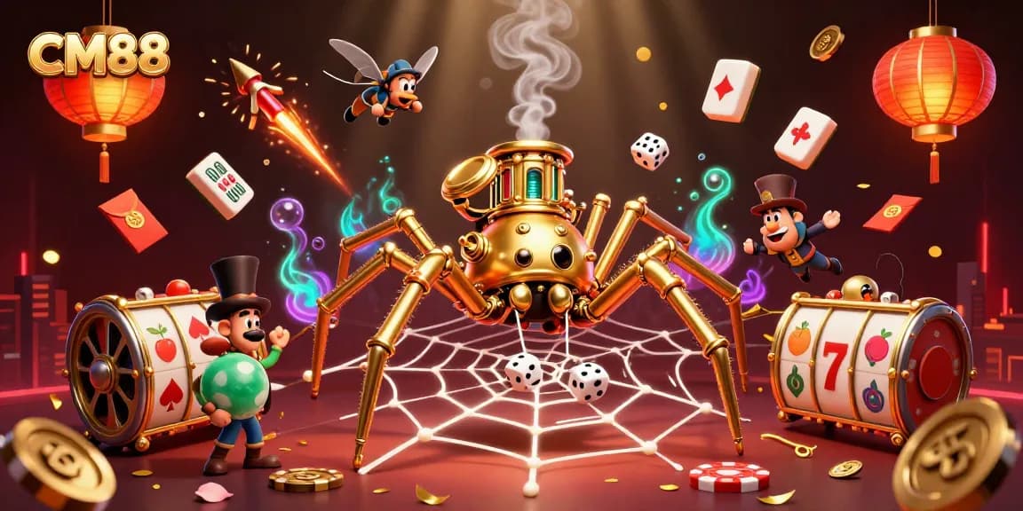 Experience the thrilling world of CM88 with a vibrant 3D digital illustration showcasing a steampunk spider and a Victorian gentleman amid dazzling casino elements.