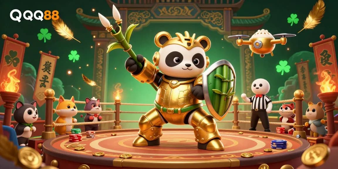 Engage with QQ88's vibrant casino experience, featuring a mech suit panda and bamboo robot in a dynamic arena.