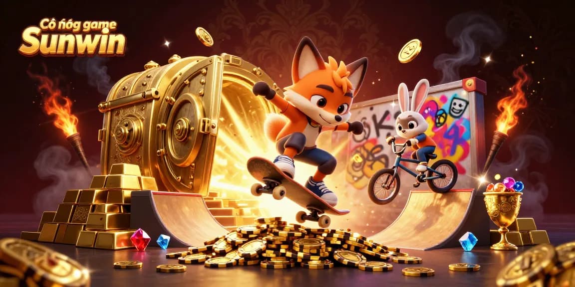 Cổng game Sunwin: Vibrant cartoon scene with a skateboarder fox and BMX rabbit amidst golden treasures and casino symbols.