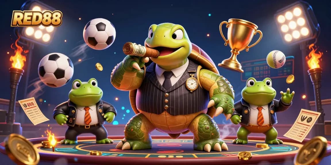 Experience the thrill of RED88 with a cartoonish mobster turtle and casino sports action.