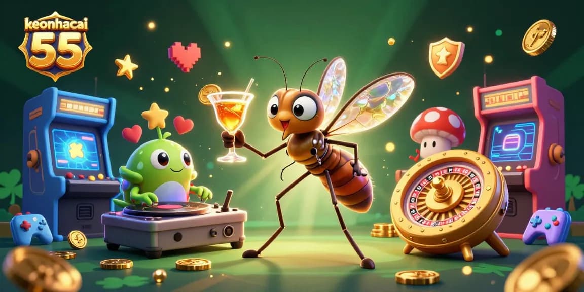 Experience excitement with keonhacai 55's vibrant 3D casino scene featuring unique characters.
