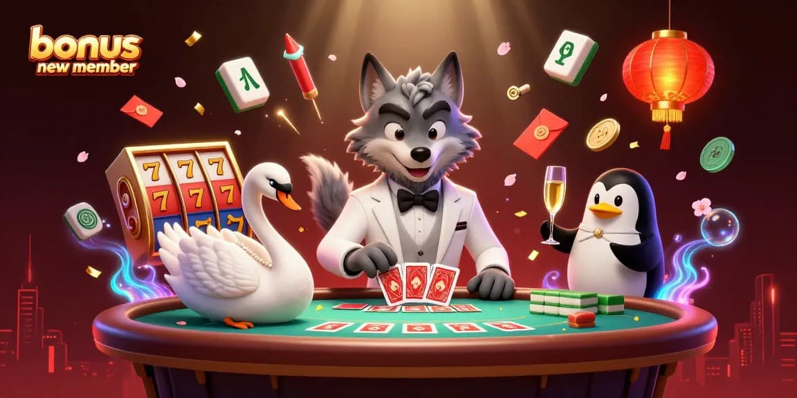 Engage with the bonus new member offer in a vibrant casino scene showcasing a wolf, swan, and penguin.