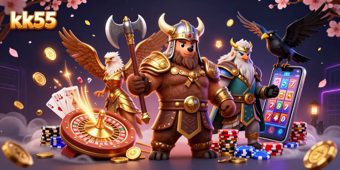 Engage with the thrilling world of kk55 as vibrant casino elements surround powerful characters in a fantasy casino illustration.