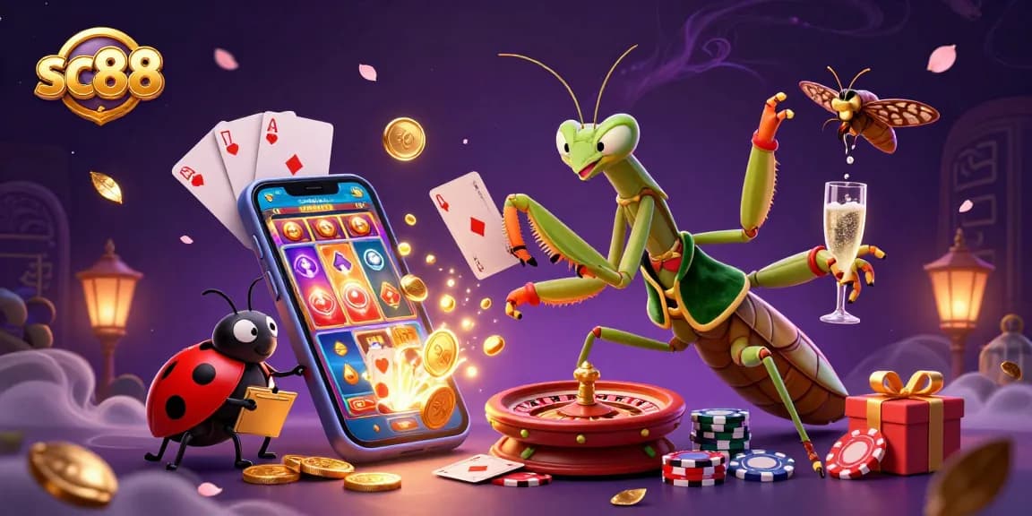 Experience the excitement of sc88 with a giant mantis card sharp and ladybug pit boss in a vibrant casino scene.