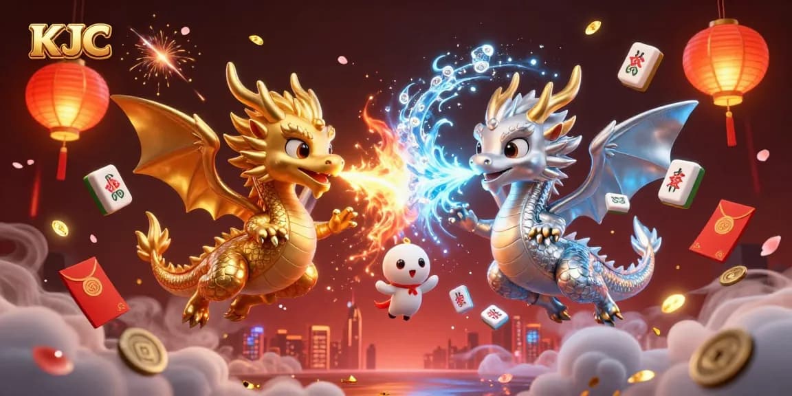KJC showcases an epic gambling scene with twin dragons in battle, blending fire and ice.
