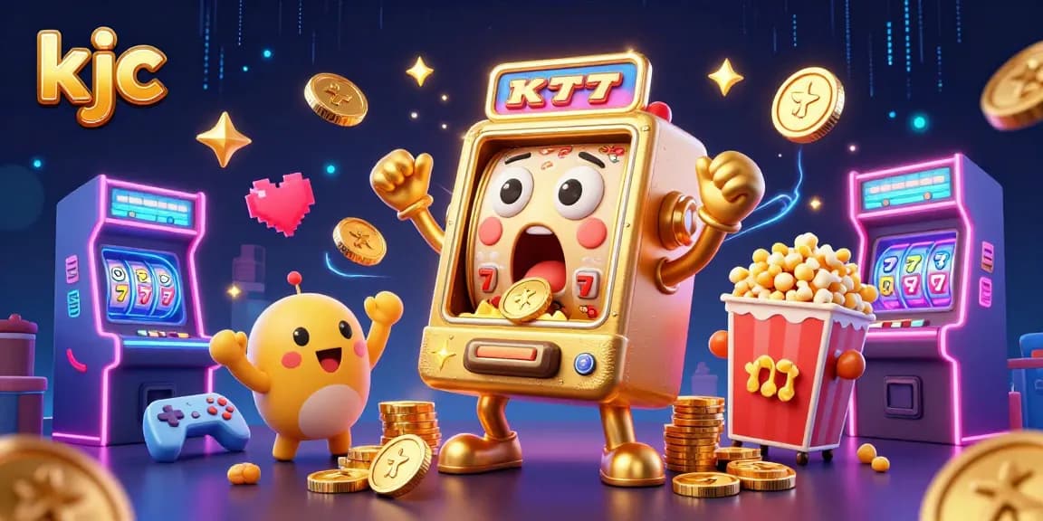 KJC slot machine celebrating a jackpot, surrounded by cheering baby machines, showcasing thrilling casino play.
