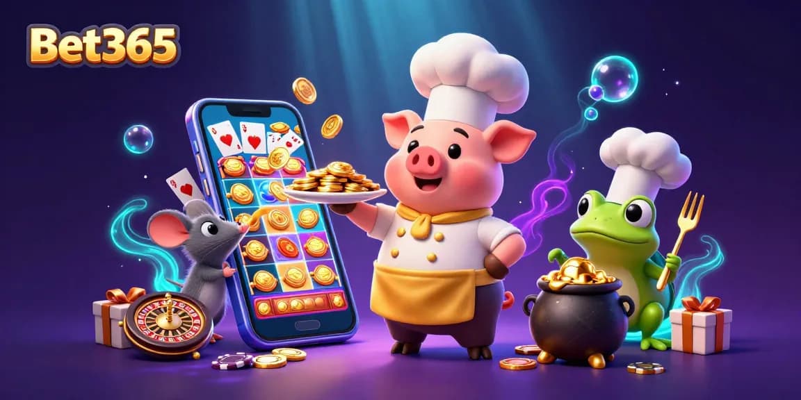 Bet365 chefs create a scene of gold coins and vibrant gaming elements for exciting online gambling.