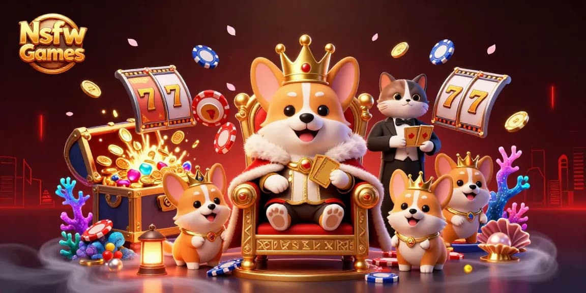 Engage in Nsfw Games with dynamic slot reels and royal-themed characters in a vibrant casino scene.