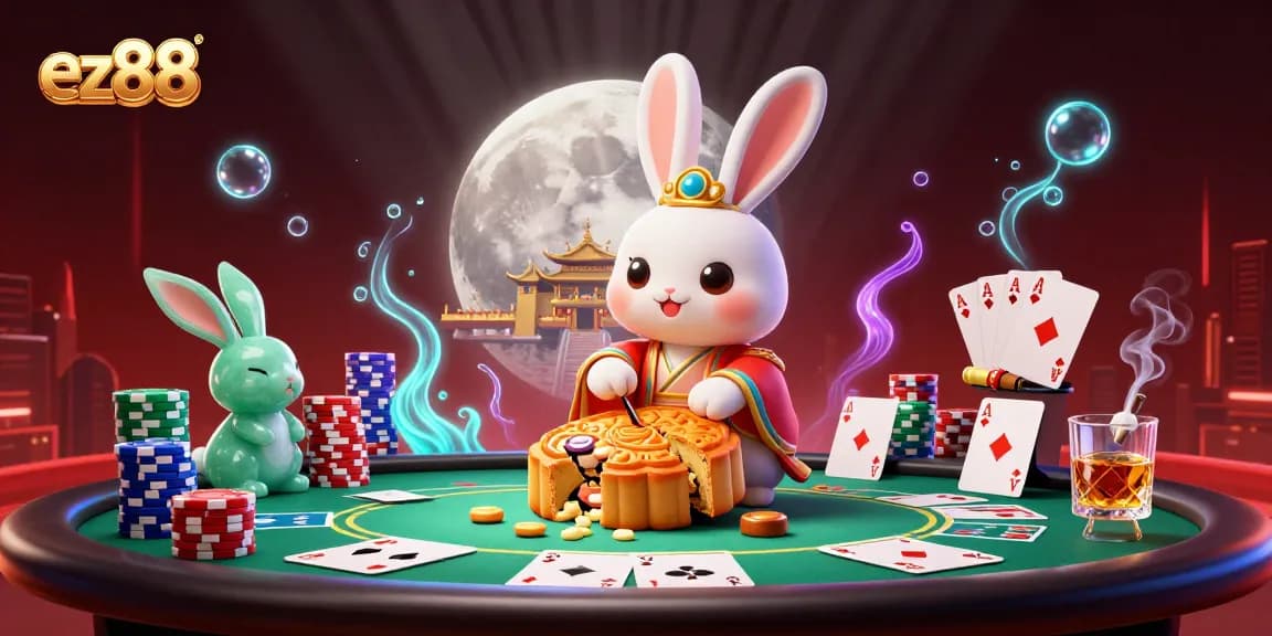 ez88 themed lunar casino illustration showcasing a moon rabbit and poker elements.