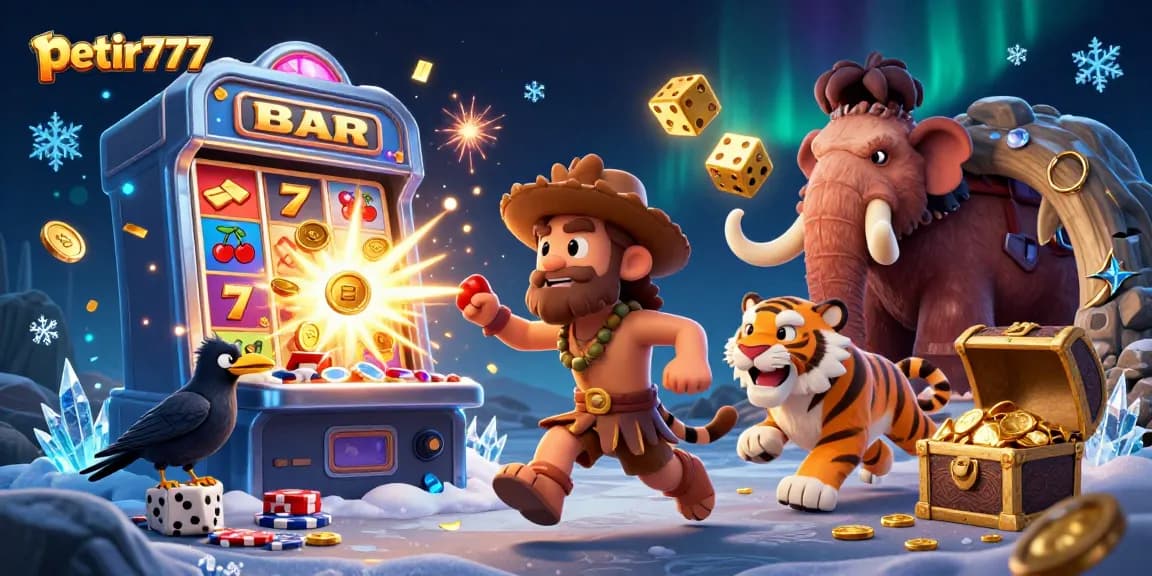 Engage with petir777's thrilling slot experience featuring a vibrant prehistoric casino ambiance.