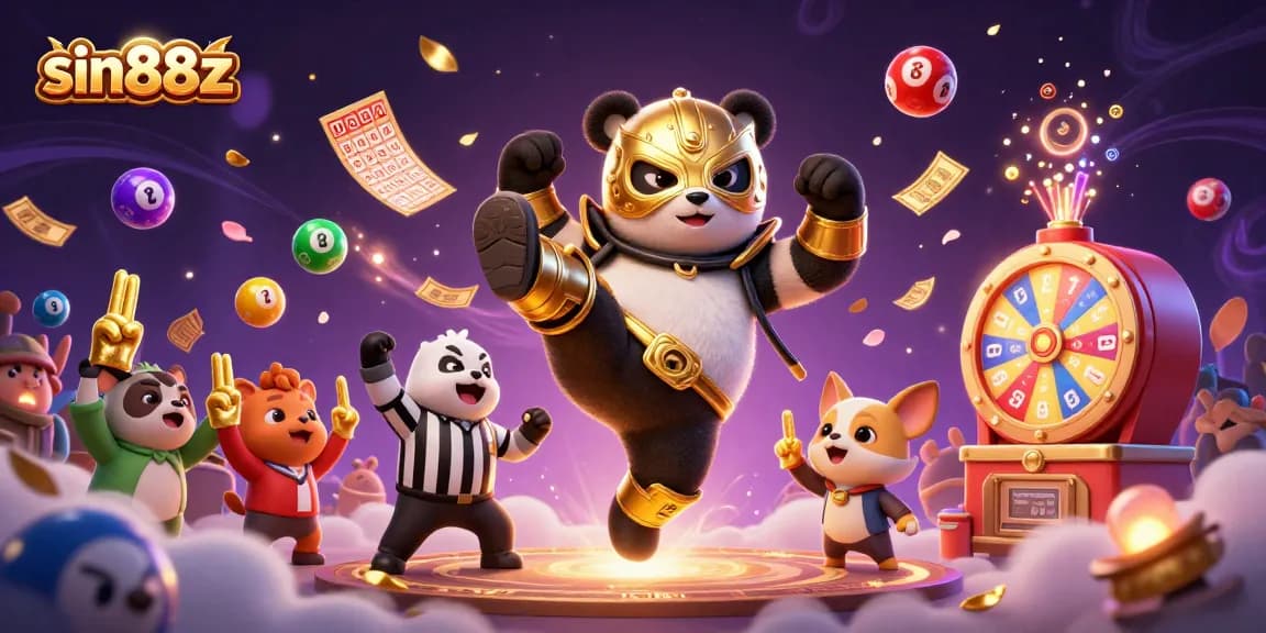 Sin88z brings the excitement of a colorful lottery scene featuring playful animal characters in a dynamic casino setting.