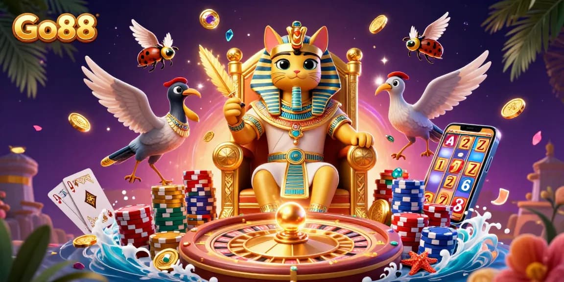Engage with Go88 featuring an Egyptian pharaoh cat amidst sparkling casino elements, promoting online gaming fun.