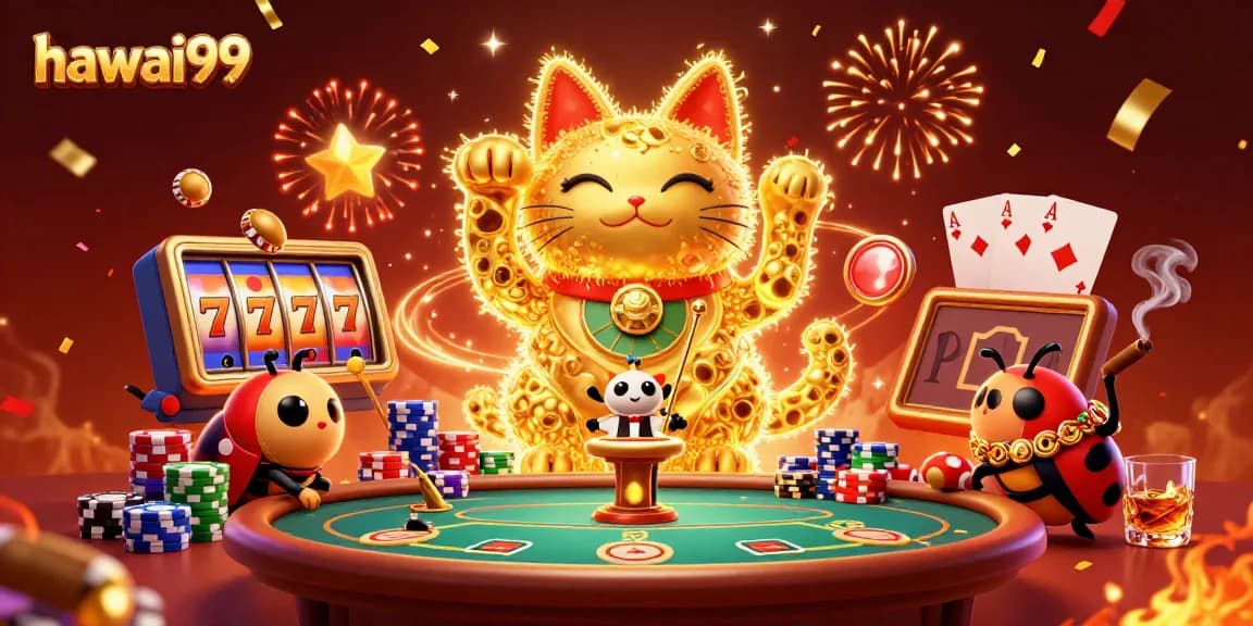 Experience hawai99 with vibrant slot reels and a giant lucky cat amidst casino treasures.