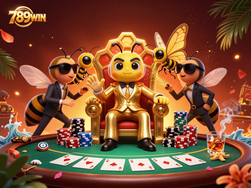 Experience exciting poker action with 789WIN's vibrant casino illustration featuring gaming elements.