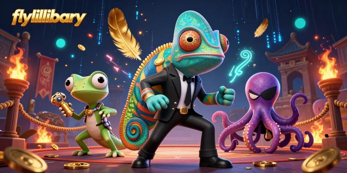 Menangkap momen seru saat bermain di flylillibrary dengan chameleon, gecko, dan gurita di arena kasino.