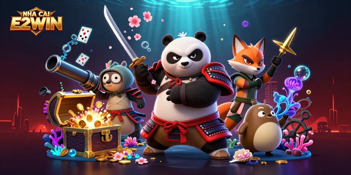 NHA CAI E2WIN promotes thrilling online gaming with vibrant 3D casino characters and action.