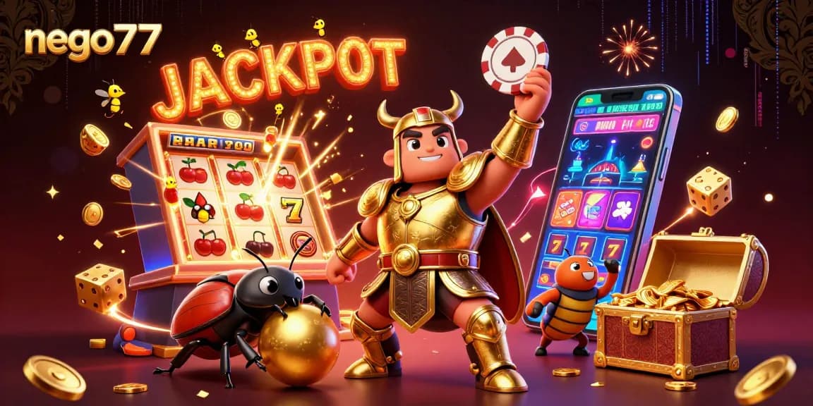 Nego77 players celebrating a victory with a jackpot explosion amidst vibrant slot games and casino elements.