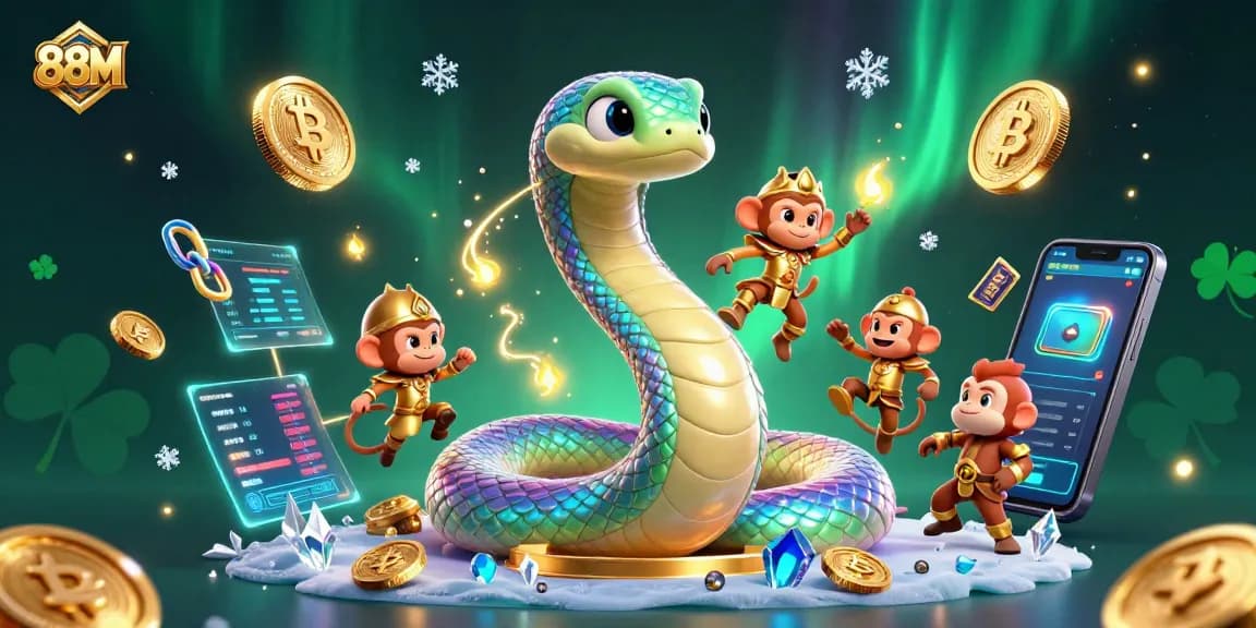 Engage with the dazzling 88M rainbow serpent in a vibrant crypto casino scene.