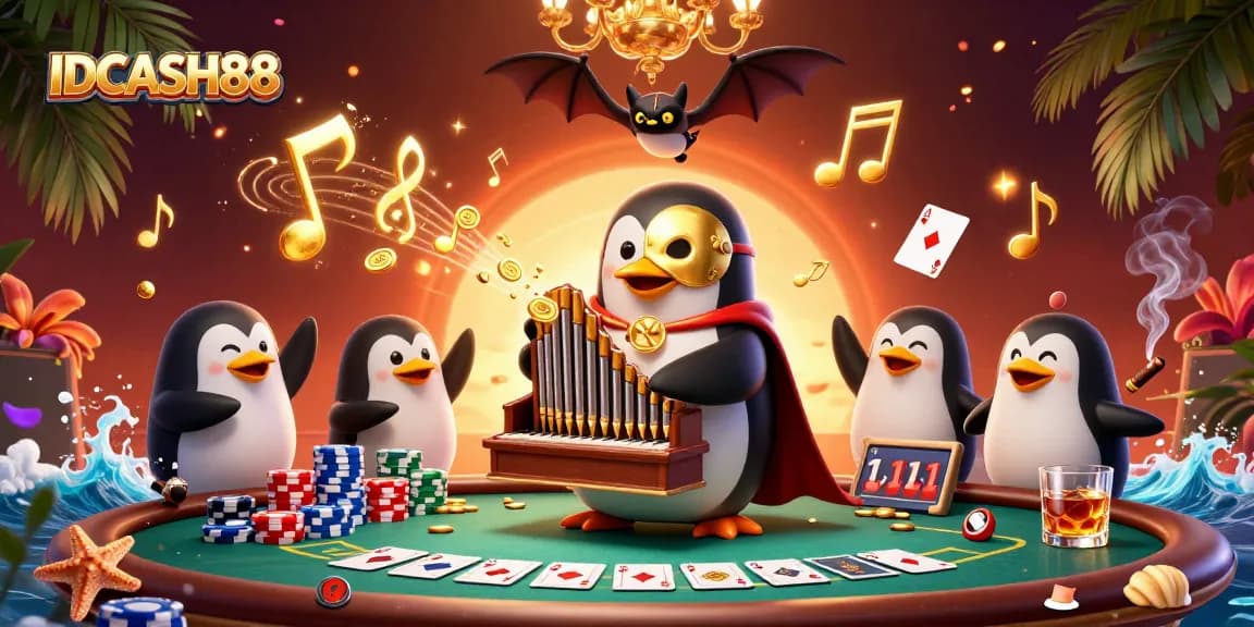 Experience the excitement of IDCASH88 with a vibrant casino scene filled with golden coins and poker action.