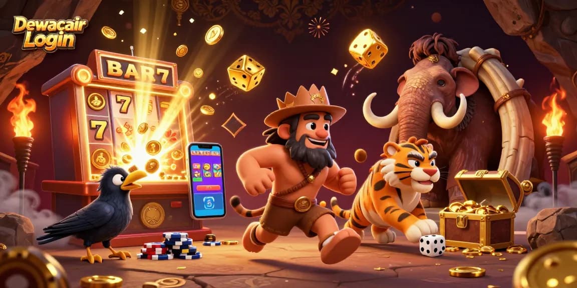Dewacair Login showcases a 3D illustrated scene with a caveman, sabertooth tiger, and clever crow in a vibrant casino adventure