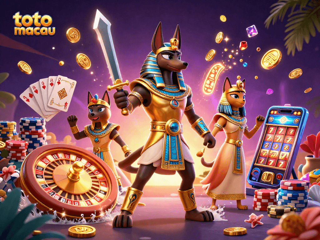 Win at toto macau with ancient Egyptian warriors and vibrant casino elements in 3D illustration.