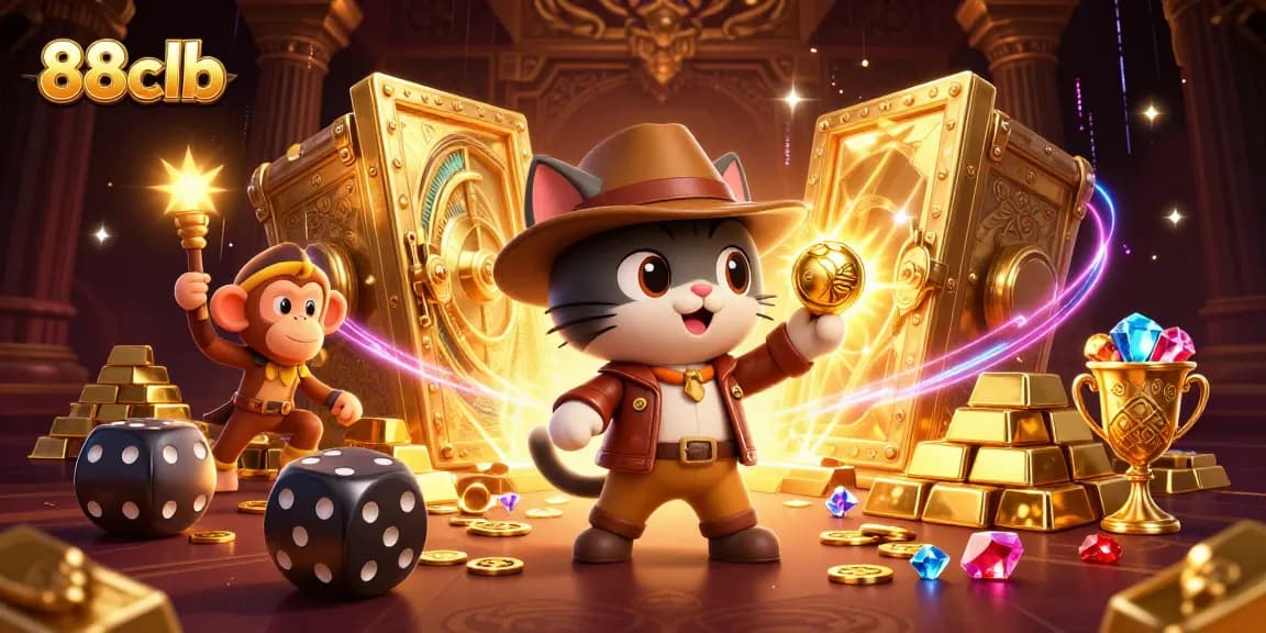 Engage with 88clb as a cartoon cat discovers golden casino artifacts in a thrilling temple adventure.