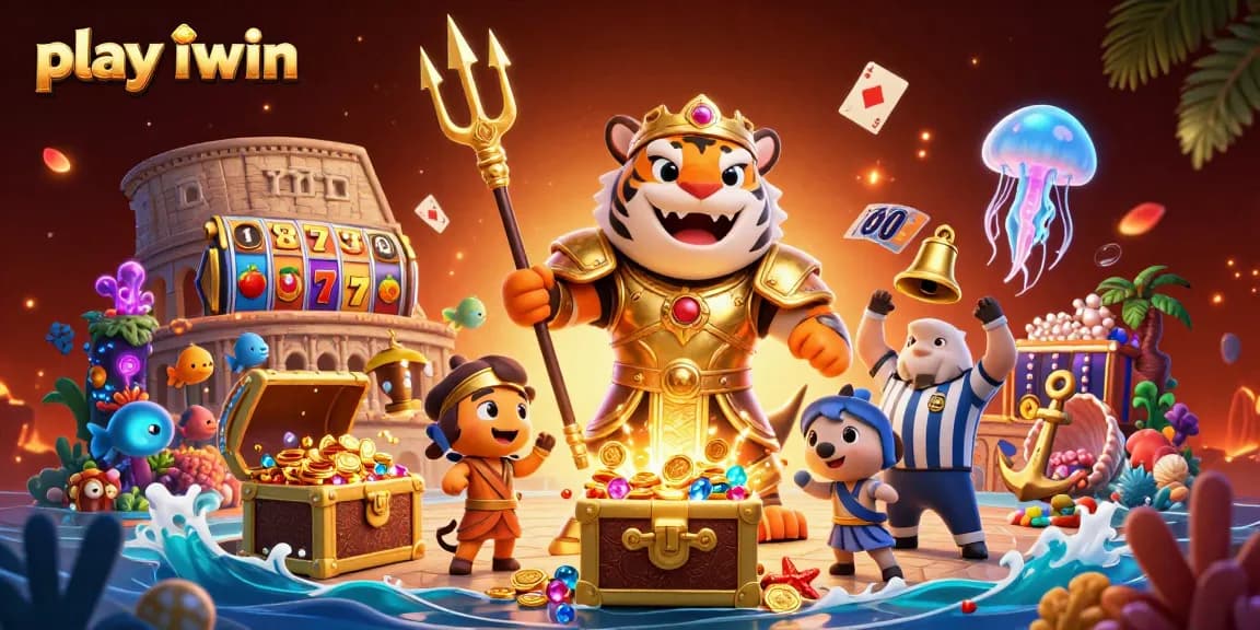 Play iwin with excitement in a dynamic casino-themed underwater scene featuring vibrant characters and game elements.