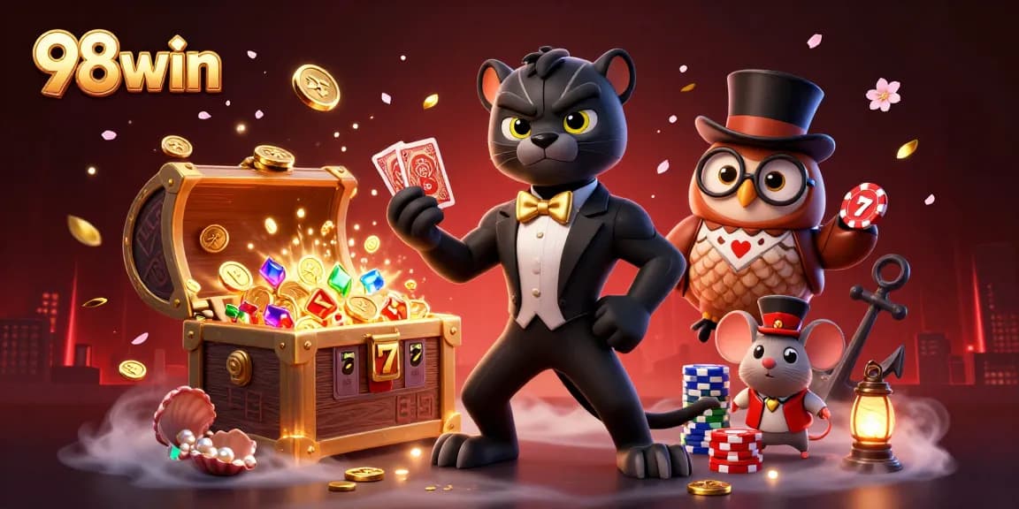Engage in thrilling gaming adventures with 98win, a stylish black panther dealer and colorful characters.